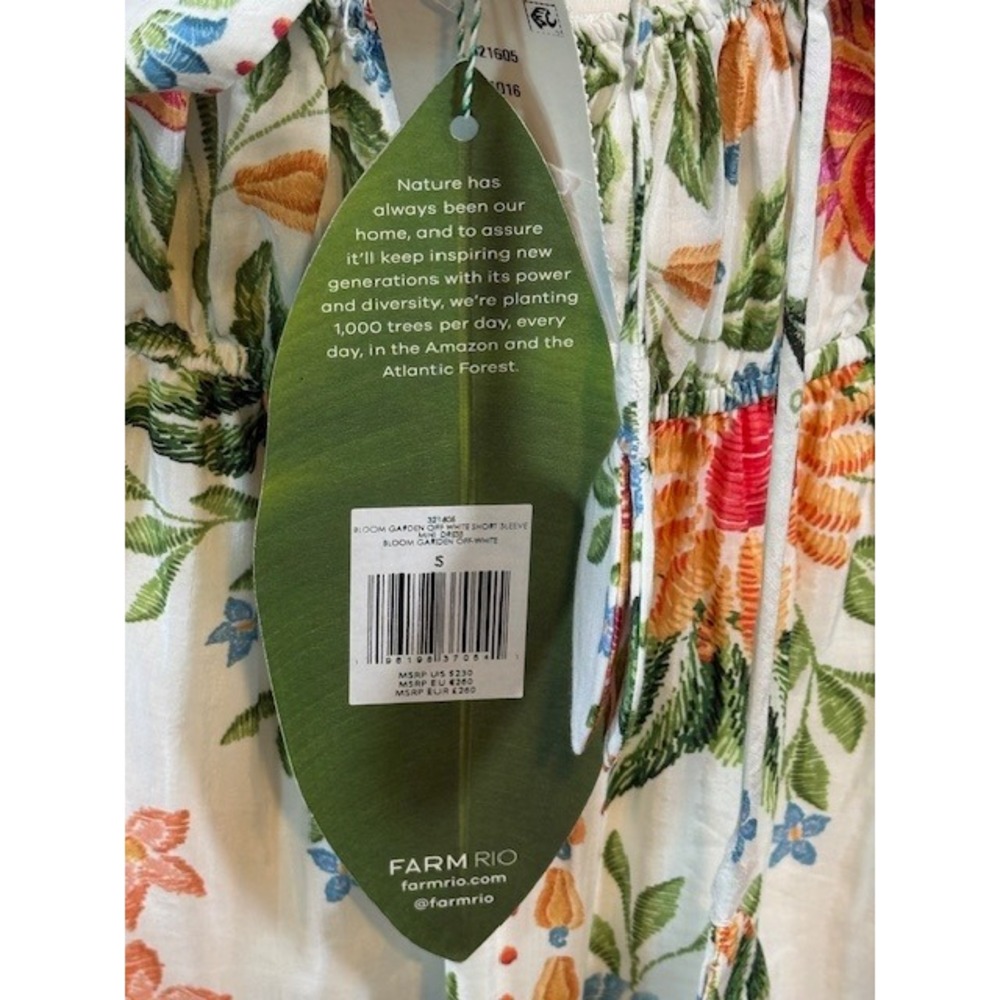 Farm Rio Bloom Garden Mini Dress S Off-White Floral Smocked Puff Sleeve NWT - Picture 9 of 11